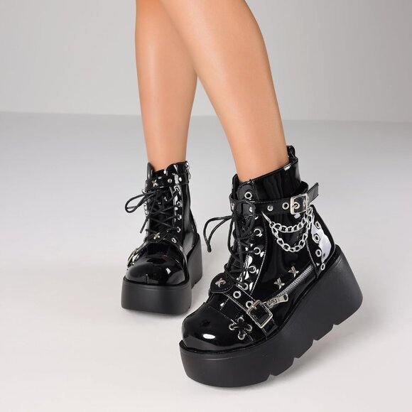 Women Polyurethane Blackpatent Wedge Round Toe Buckle Leather Platform Boots - Picture 2 of 7